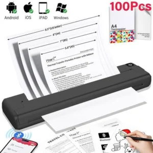 mprimante Portable avec Papier 115Pcs A4 210 x 297 mm, Imprimante Thermique, Compatible avec Android et ios , windows