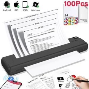 Imprimante Thermique avec Papier 115Pcs A4 210 x 297 mm, Imprimante Sans Encre, Compatible avec Android et IOS